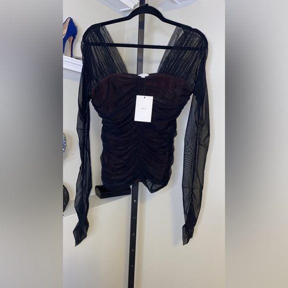 A.L.C Womens Black Mesh Ruched Lined Long Sleeve V Neck Party Top - Picture 6 of 11